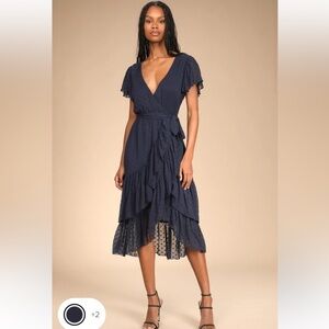 “Have Harmony Navy Swiss Dot Ruffled wrap midi dress” from Lulus size small